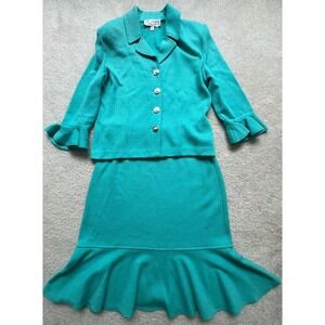 NWOT St. John Knits Suit Set Teal Blue Flare Sleeve Blouse Size 6/ Skirt 8